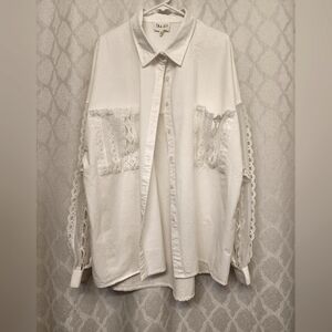 White Button Down Lace Shirt With Pockets